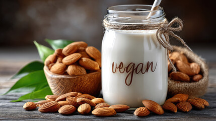 Vegan almond milk in a glass jar among almonds on a wooden table,copy space,