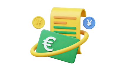 3D Render of Financial Symbols: Euro, Yen, and Receipt