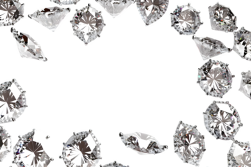 Scattered brilliant cut diamonds with sparkling facets arranged in a decorative border on a transparent black background, isolated precious gems.