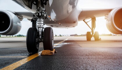 Close-up of an airplane's landing gear and engines on a runway, bathed in warm sunlight