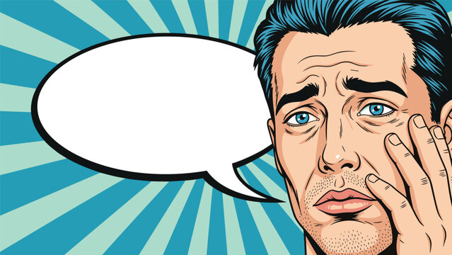 Dramatic pop art illustration of a worried or sad man touching his face with a blank white speech bubble for dialogue or thoughts.