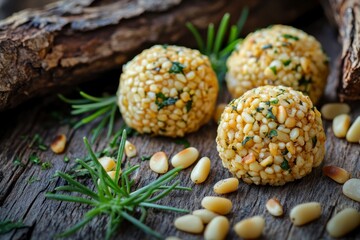 Obraz premium Homemade cheese balls with herbs and pine nuts served on rustic wooden surface. Concept: natural snack, artisan flavor, minimalism.