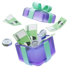 10,000 Won Bills and Coins Popping Out of a Gift Box 3D Design