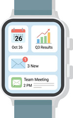 Smartwatch displaying calendar date sales chart notifications and email alerts for productivity