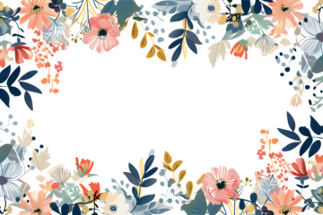 Delicate floral border with soft coral, teal, and cream blossoms and leaves on transparent background