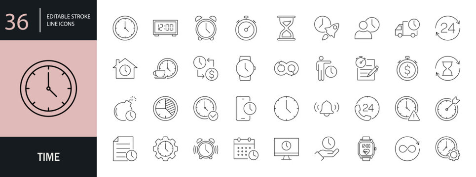 Time icon set. Editable line icons. Vector illustration.
