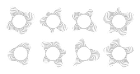 Circular sound visualization with radial wave line pattern vector set. Abstract audio spectrum ring geometric burst shape. Music equalizer graphics with concentric line elements for modern design. © Konstantin