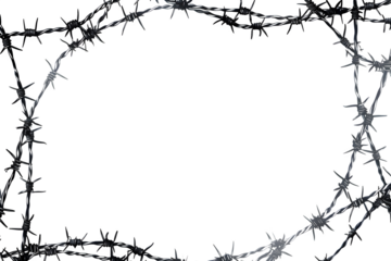Barbed wire frame border with sharp spikes isolated on black background, symbolizing restriction, security, and danger