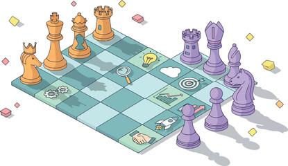 illustration of a chess game with purple and orange pieces on a colorful board
