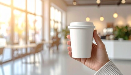 カフェのテーブルでコーヒーを持つ手・白い紙コップモックアップ