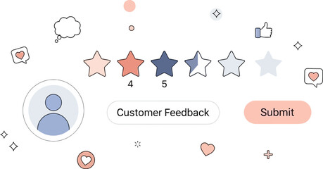 Customer Feedback and Star Rating Interface with Submission Button and Decorative Icons