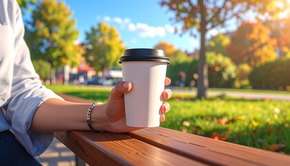 カフェのテーブルでコーヒーを持つ手・紙コップモックアップ