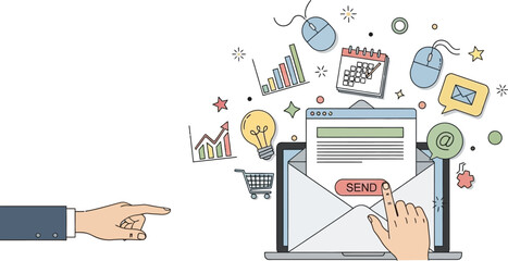 Digital Marketing and Email Communication Concept with Hand Interacting with Laptop Screen Filled