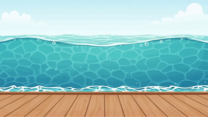 A pixelated wooden pier meets a shimmering blue ocean under a cloudy sky