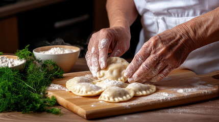 The hands of a seasoned woman, dusted with flour, skillfully crafting classic homemade pierogi, representing cherished family recipes, hearty meals, and culinary legacy
