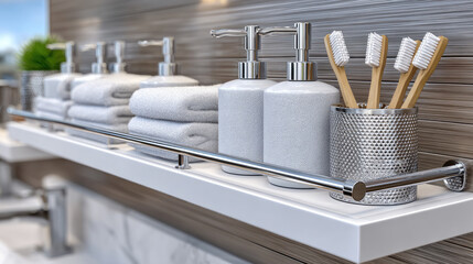 bathroom accessory section in construction store with towel rails, soap dispensers, toothbrush holders in chrome and matte finishes, copy space