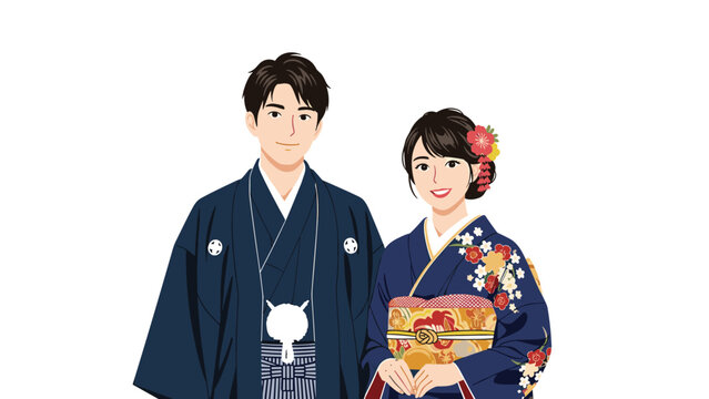 Elegant Japanese man and woman smile warmly while wearing traditional dark blue kimono and hakama for a formal ceremony or festival.