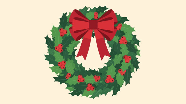 A festive, flat design holly wreath with red berries and a large red bow