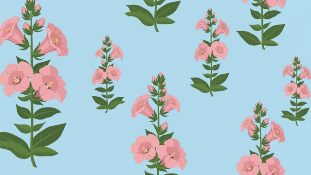 A pattern of delicate pink bell-shaped flowers with green leaves on a light blue background