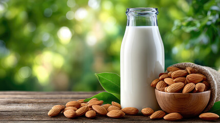 bottle of almond milk with label design mockup, marketing and branding concept, white background, copy space