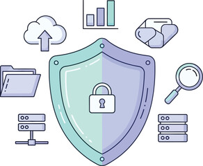 Digital Security and Data Protection Concepts Featuring Shield Lock and Cloud Storage Icons