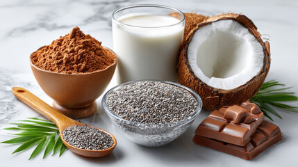 ingredients for chocolate chia pudding recipe arranged on white marble surface: chia seeds, cocoa powder, coconut milk, copy space