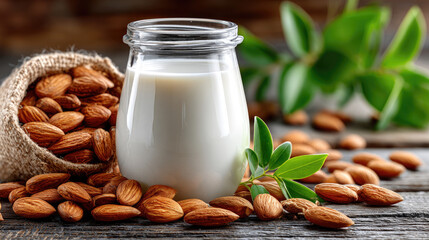 Vegan almond milk in a glass jar among almonds on a wooden table,copy space,