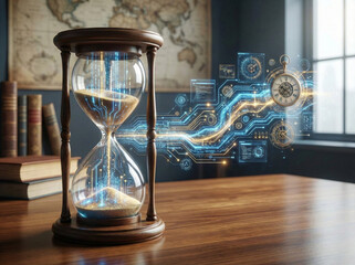 Hourglass on desk with circuit board design and books background
