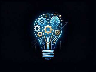 Glowing blue lightbulb with gears and brain inside black background
