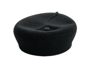 A single, dark, felted, brimless hat with a small button on top