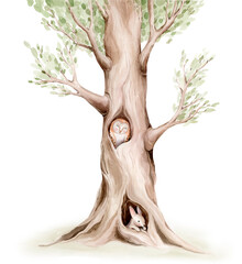 Watercolor illustration of a cozy woodland tree with cute forest animals. An owl and a bunny live inside the tree hollow, gentle fairytale scene. Soft pastel tones and child-friendly style 