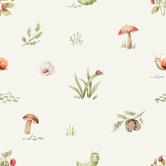 Whimsical Woodland Pattern with charming and delicate seamless pattern featuring soft color mushrooms, sprigs of foliage, and tiny berries, creating a whimsical woodland scene