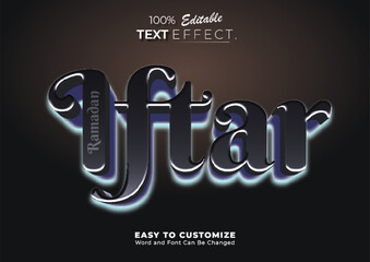 3D Iftar text effect with premium blue and black glossy style, luxury Islamic celebration typography on dark background with bokeh lights.