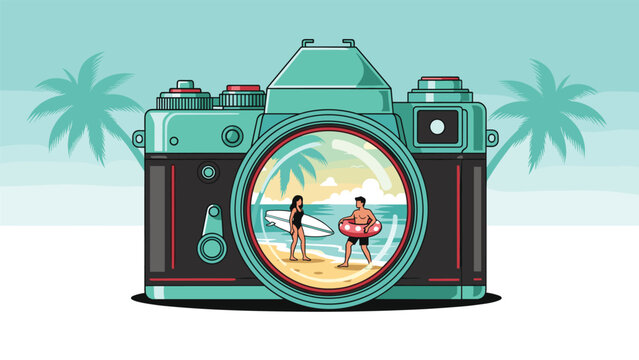 Vintage style camera lens captures a scenic beach view of a couple with a surfboard and floatie under tropical palm trees. - Powered by Adobe