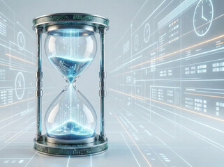 Glowing blue hourglass with digital background and clock faces