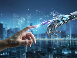 Glowing blue circuit hands connect technology interface