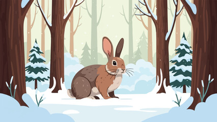 A rabbit sits in a snowy forest during winter, surrounded by trees