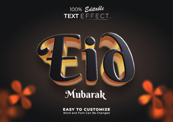 3D Eid Mubarak text effect with premium gold and black glossy style, luxury Islamic celebration typography on dark background with bokeh lights.