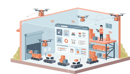 illustration of automated drone warehouse management with robots and technology