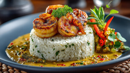 luxurious coconut rice with shrimp curry, gourmet restaurant style presentation, copy space