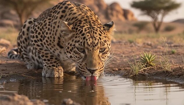 Close up of the Arabian leopard (Panthera pardus nimr) drinking water in natural habitat,  the southern edge of the Arabian Peninsula
