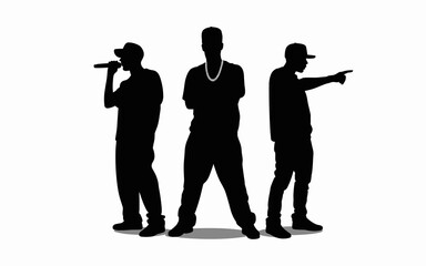 Silhouette of three hip hop artists rapping and gesturing on stage black shapes of musical performers with microphone and chain for concert posters music videos and urban culture event advertising and