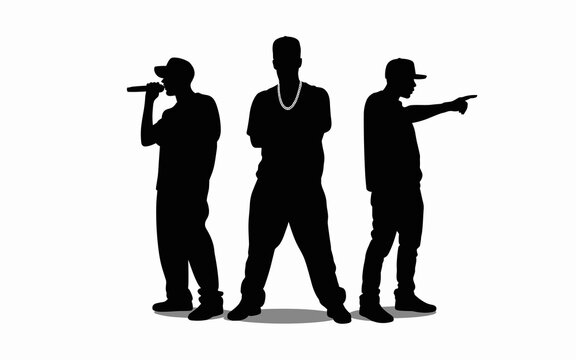 Silhouette of three hip hop artists rapping and gesturing on stage black shapes of musical performers with microphone and chain for concert posters music videos and urban culture event advertising and