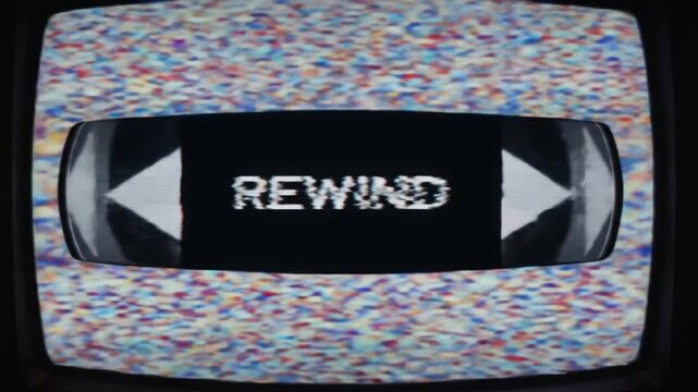 Retro Television Screen Displaying Rewind Symbol with Static Noise.