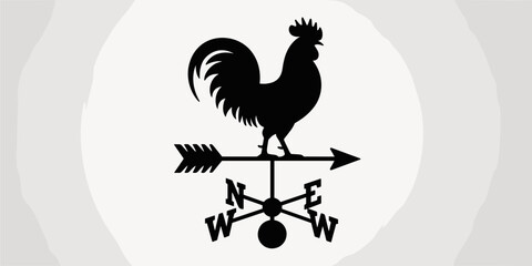 Classic black rooster weathervane silhouette illustration showing wind direction on rooftop farm agriculture vintage weather vane graphic element for architecture design country home decoration tradit