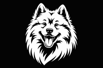 Majestic white fluffy dog head vector illustration with happy smiling expression on black background pet animal graphic design element for veterinary clinic logo mascot or cheerful domestic canine bre