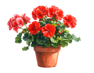 Vibrant red blooms burst from a terracotta pot, lush green leaves frame the flora