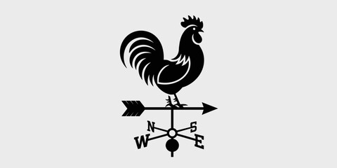 Detailed black rooster weathervane vector illustration indicating wind direction with arrow silhouette and cardinal directions symbol for weather forecast design element farm agriculture graphic rural