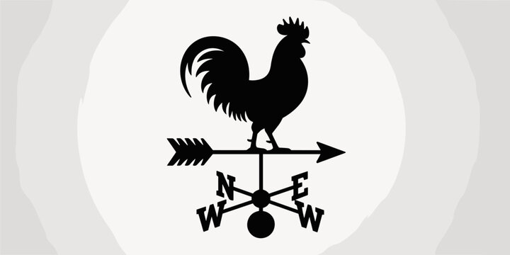 Classic black rooster weathervane silhouette illustration showing wind direction on rooftop farm agriculture vintage weather vane graphic element for architecture design country home decoration tradit
