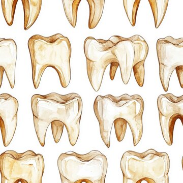 Watercolor seamless pattern of tooth icons, isolated on white